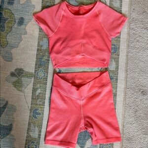American Eagle offline coral Athletic Crop Top and biker Shorts Set